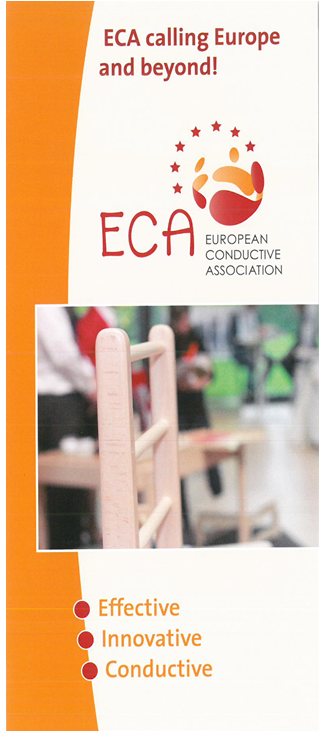 Cover of ECA Flyer headed: ECA calling Europe and beyond! With ECA logo and a picture of a Petö Chair and the slogan: effective, innovative, conductive