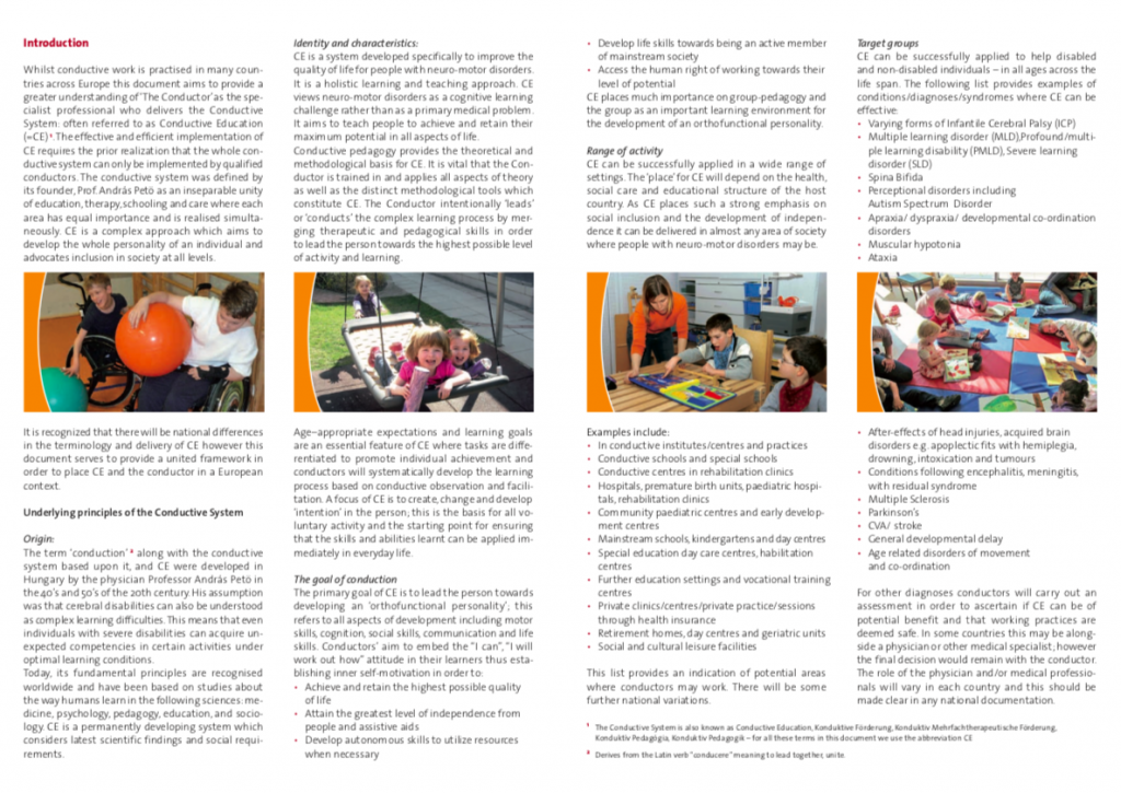 First page of Conductor profile broshure showing text and 4 pictures of children playing, crafting,learning.