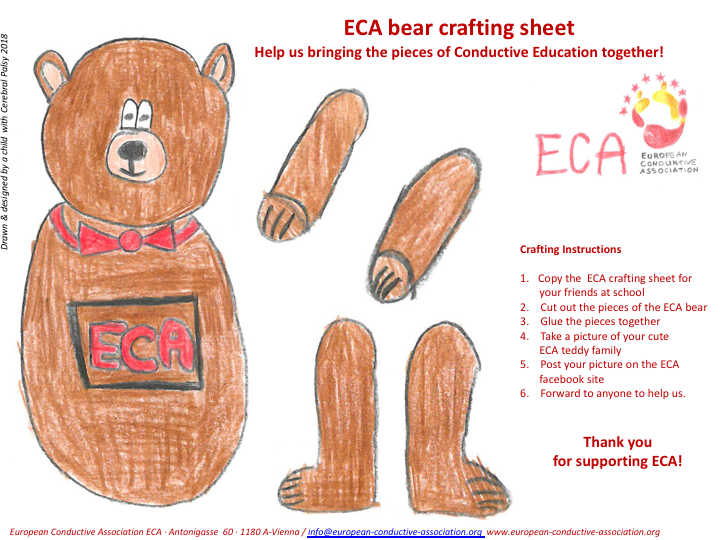 A craft sheet. Drawn by a child with cerebral palsy. The drawing shows pieces of a brown teddy with fly around his neck and ECA logo on tummy. Craft Instructions are on the side. Heading: ECA bear crafting sheet. Help us bringing the pieces of CE together!